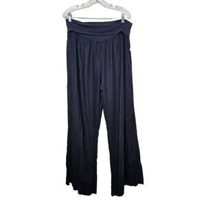 JUST LIVING Wide Leg Linen Blend Pants 1X Tall Blue Foldover Waist 32" Inseam